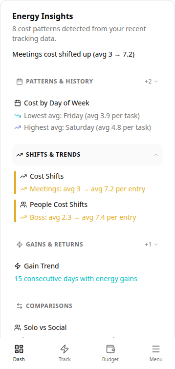 Bounded Self mobile insights showing cost shifts, streaks, and people energy patterns