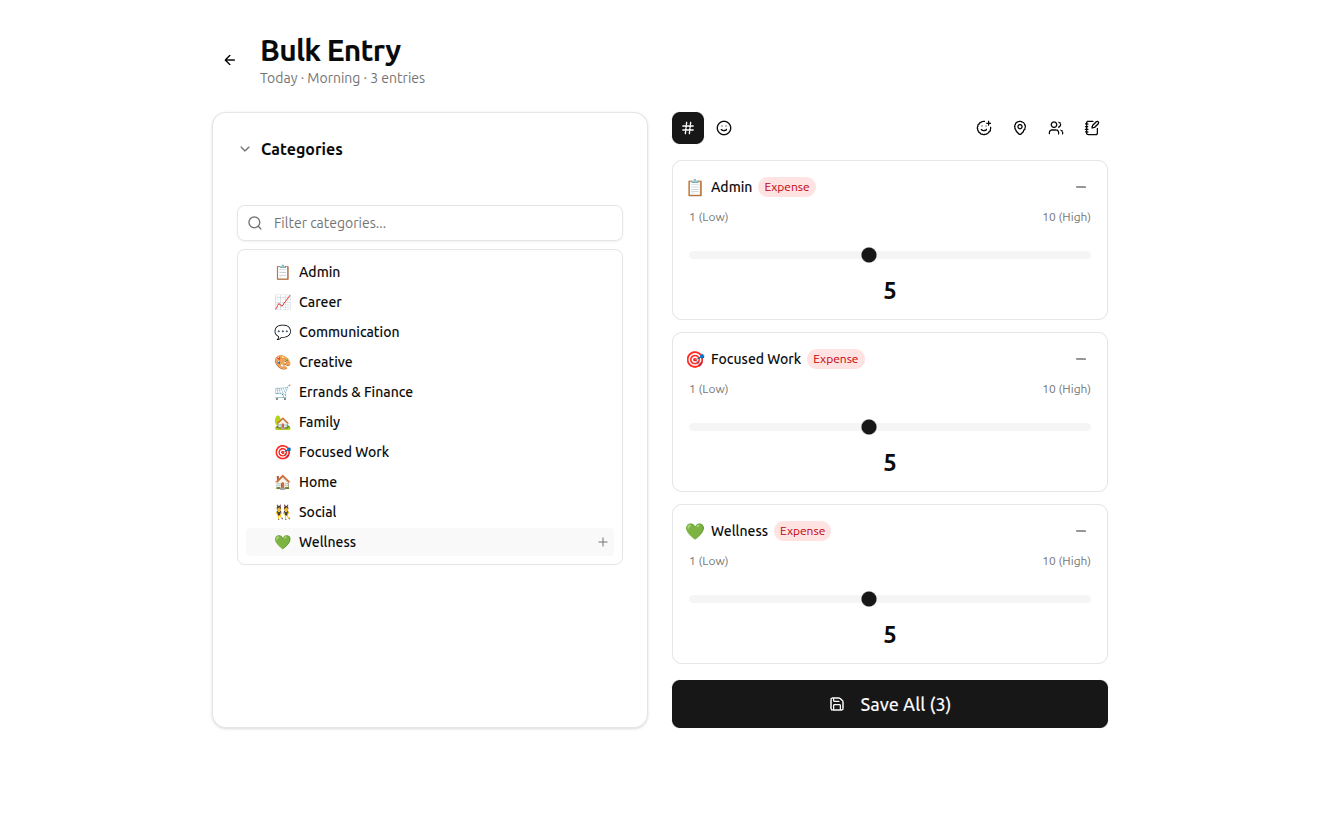 Bulk Entry category selection with three entries added showing energy sliders and direction toggles
