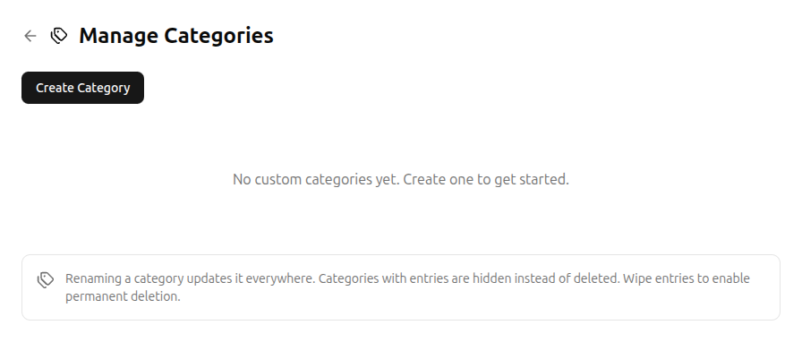 Manage Categories page with create button and info notice