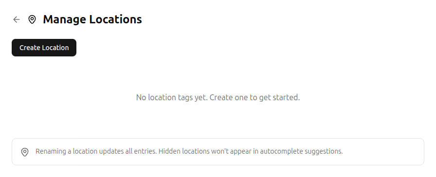 Manage Locations page with create button and info notice