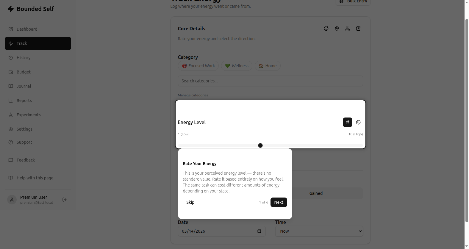 Guided tour overlay highlighting the energy level input with an explanatory tooltip