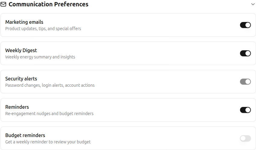 Communication preferences with toggle switches for each email type