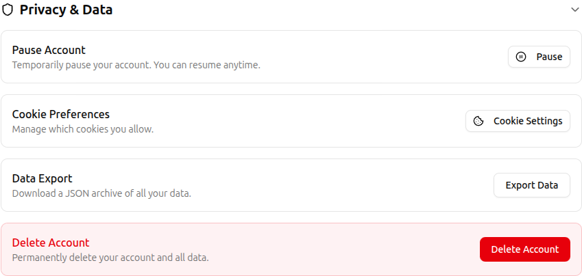 Privacy and data section with pause, cookies, export, and delete account options