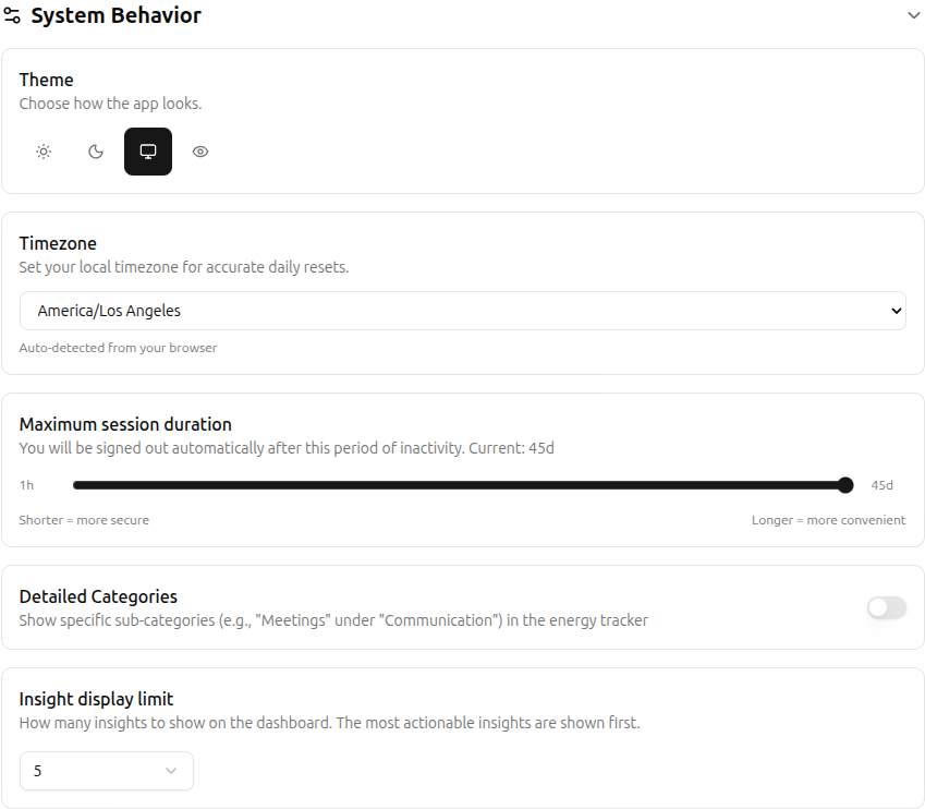 System behavior settings including theme, timezone, session duration, and insight limit