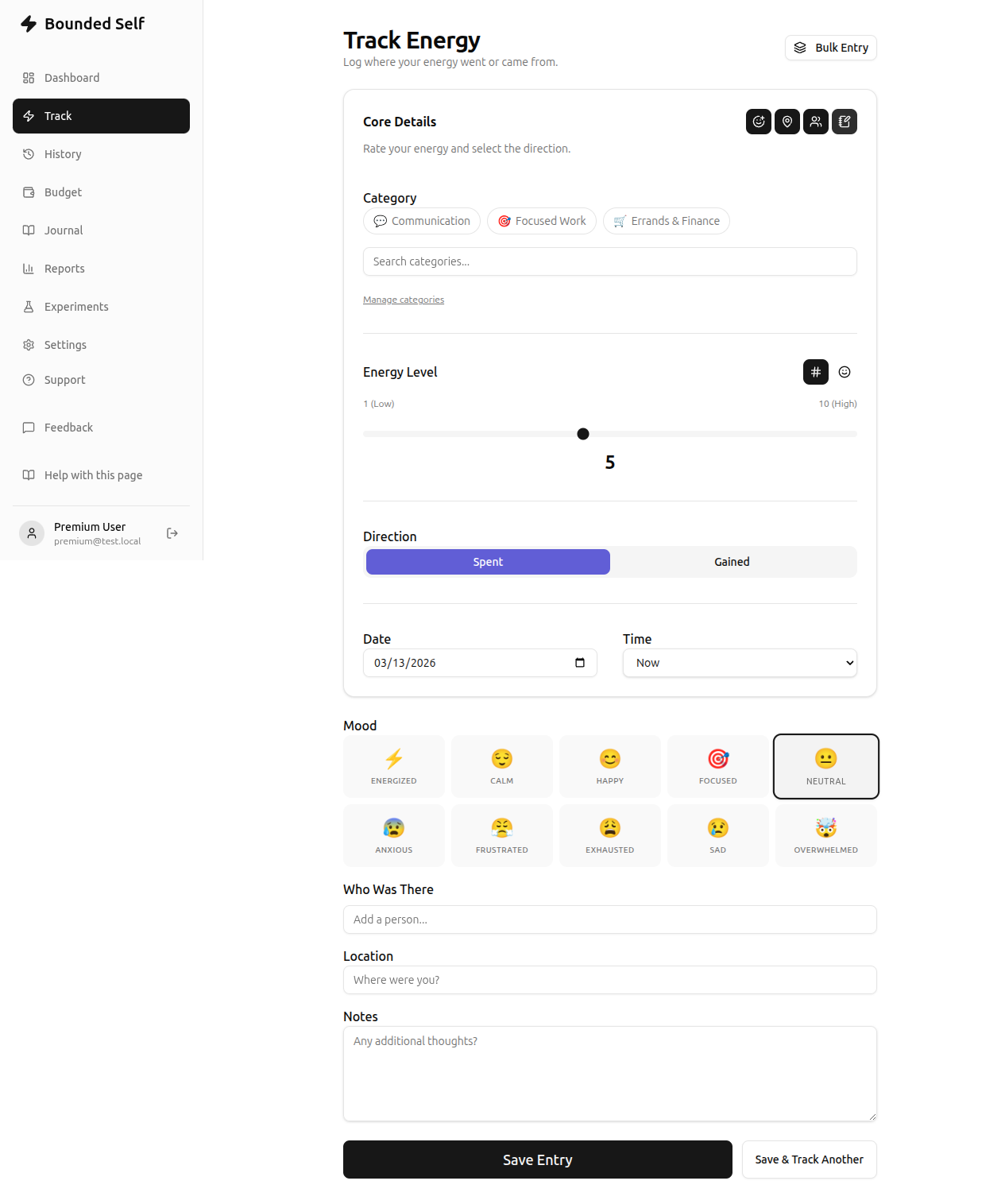 Energy tracking form with numeric slider, direction toggle, and category selector